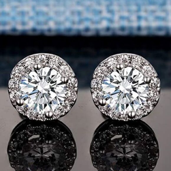 White Gold Round Diamond Halo Stud Earrings - Picture 1 of 5